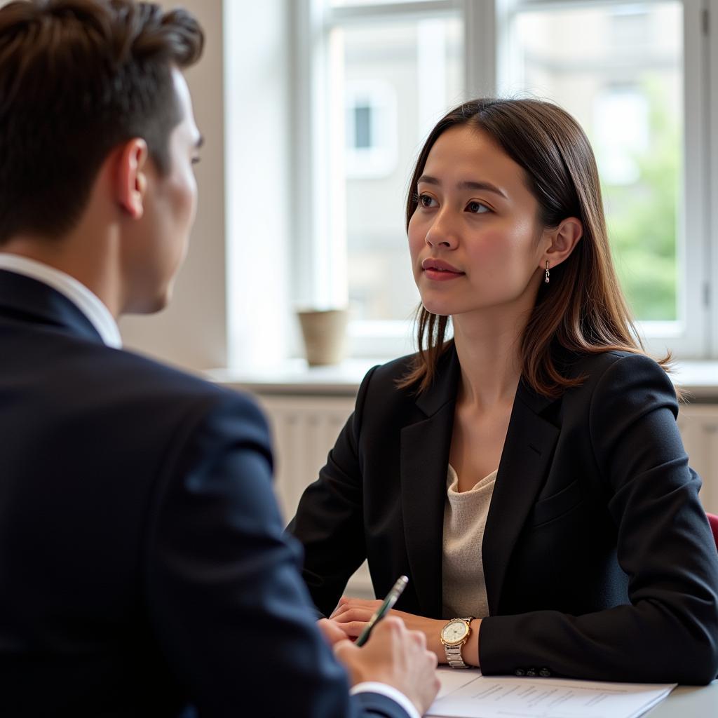 IELTS speaking examiner listening to candidate describe challenging experience