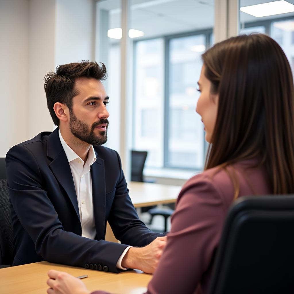 IELTS speaking examiner interviewing candidate about business success