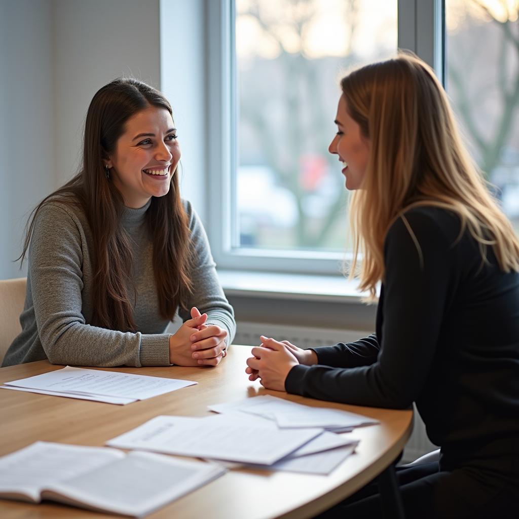 IELTS speaking test examiner interviewing candidate in professional setting