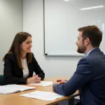 IELTS speaking examiner interviewing candidate in professional setting