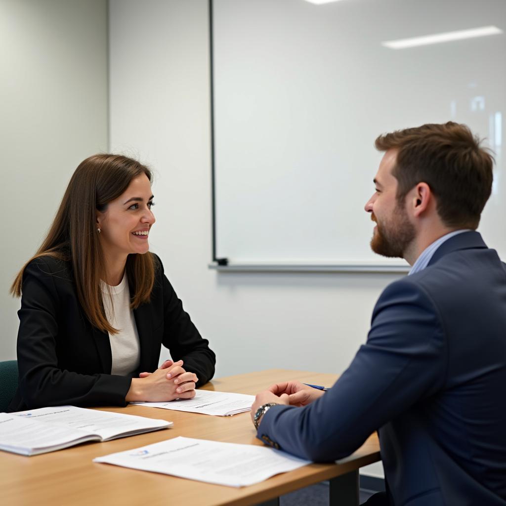 IELTS speaking examiner interviewing candidate in professional setting