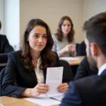 IELTS Speaking Examiner showing cue card to candidate