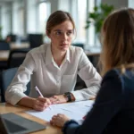 IELTS examiner interviewing candidate about group project
