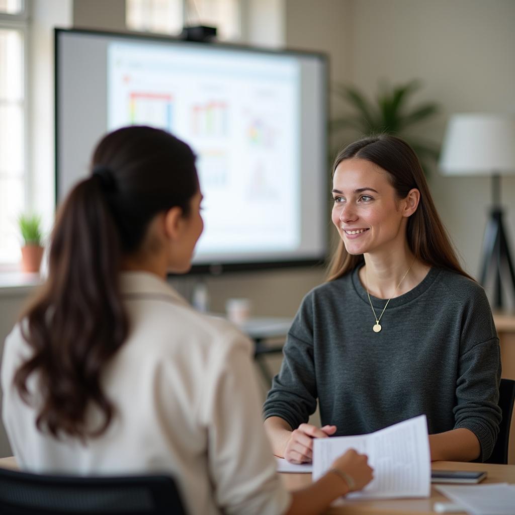 IELTS examiner and candidate discussing important life decisions