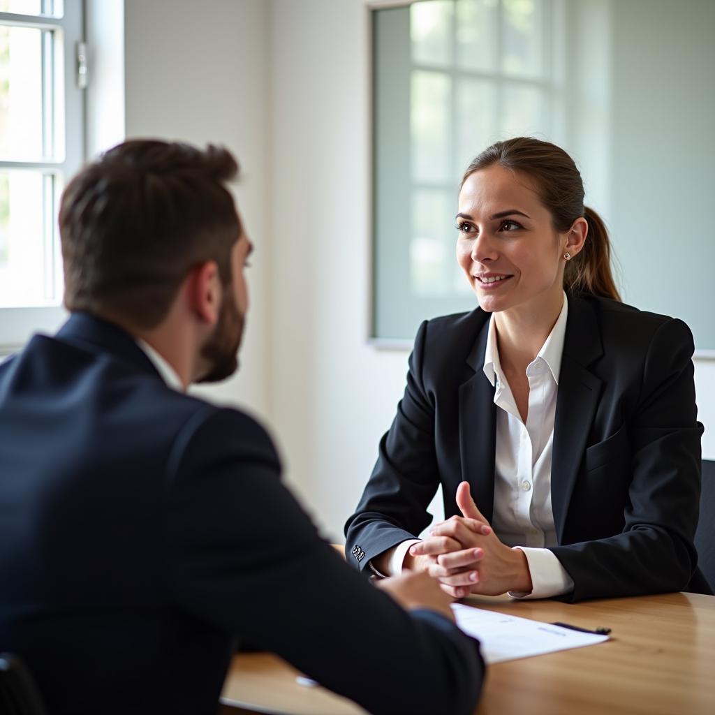 IELTS speaking examiner interviewing candidate professionally