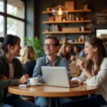 Students discussing in modern cafe setting