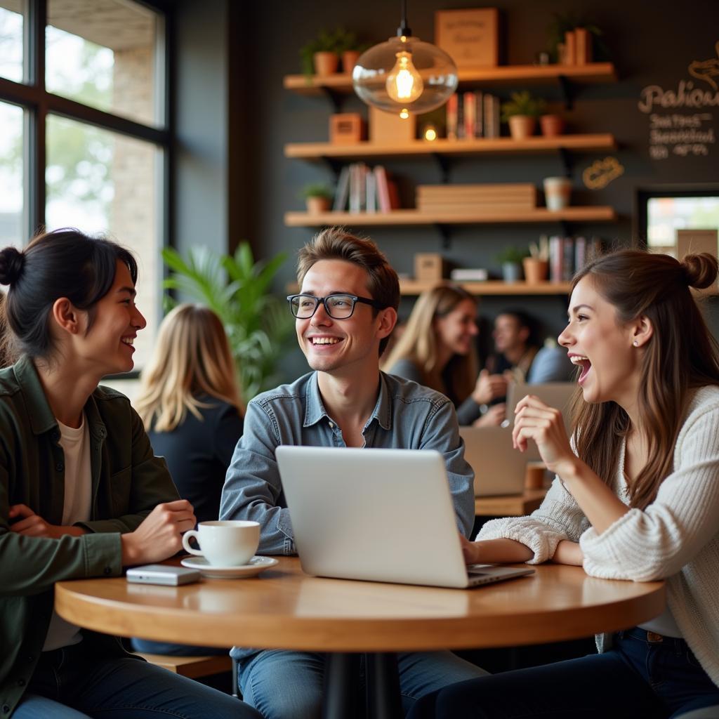 Students discussing in modern cafe setting