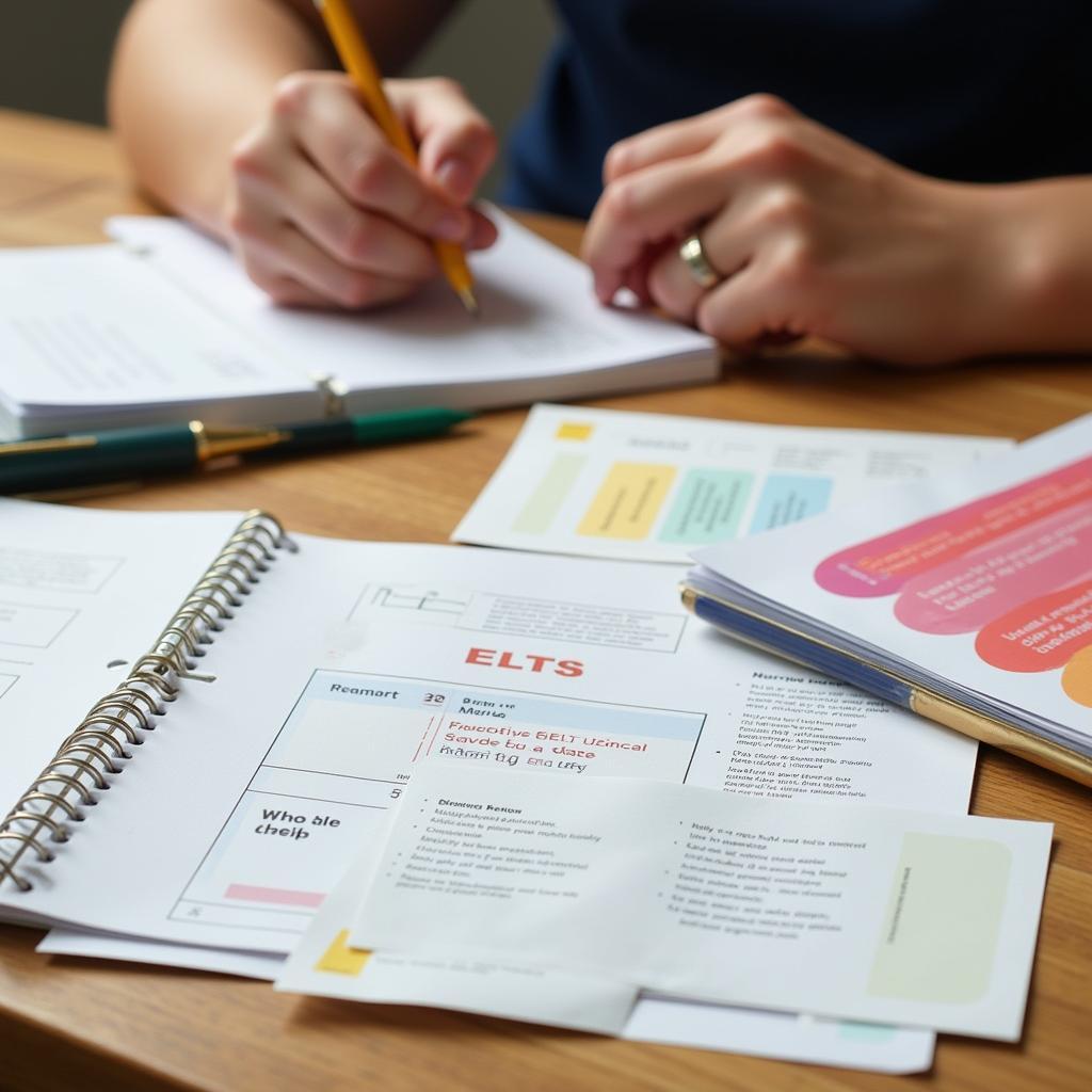 Student preparing for IELTS speaking test with study materials