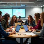 University students collaborating on interdisciplinary project in modern classroom
