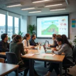 Students collaborating on interdisciplinary project in modern classroom