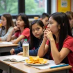 Students eating junk food while studying in classroom