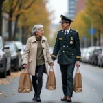 Student showing kindness to elderly woman with groceries