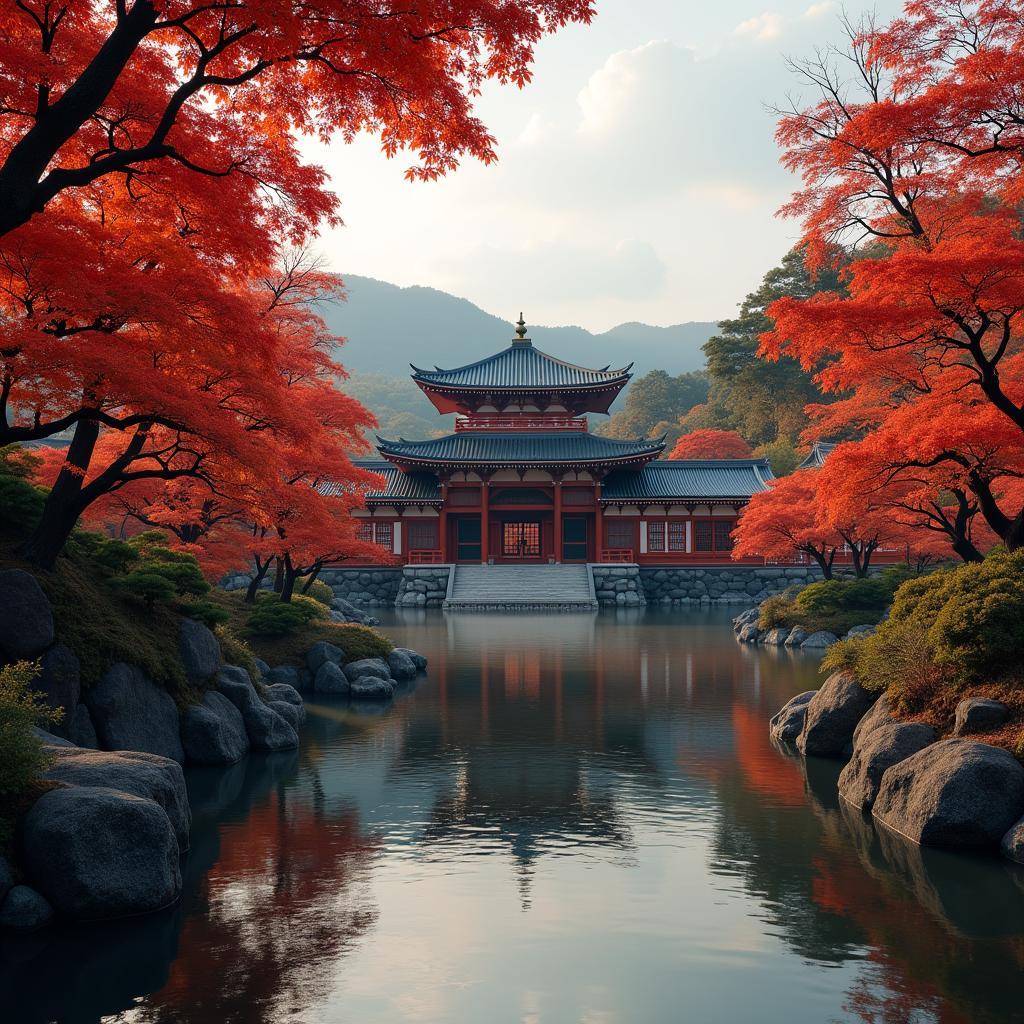 Ancient Kyoto temple surrounded by autumn foliage