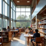 Modern library interior with natural lighting and reading areas