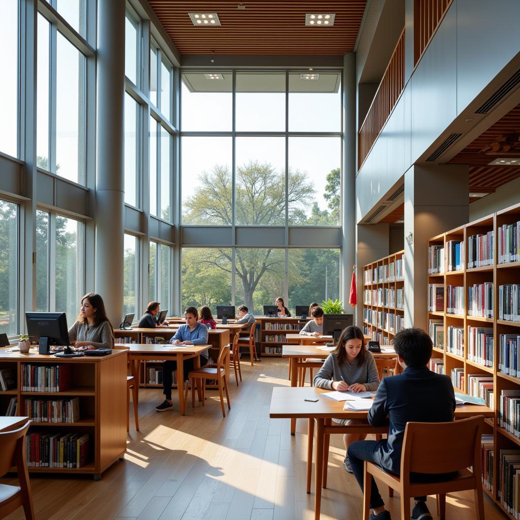 Modern library interior with natural lighting and reading areas