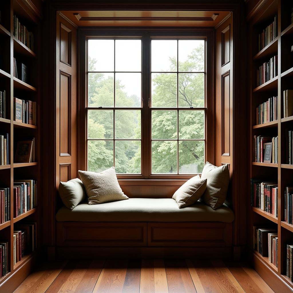Cozy library reading nook with window seat