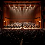 Classical orchestra performing in a grand concert hall