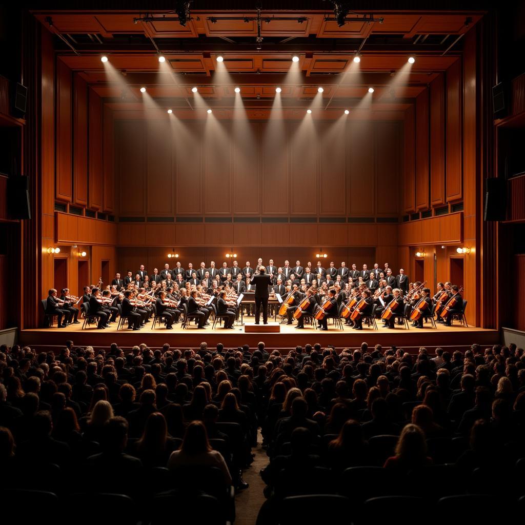 Classical orchestra performing in a grand concert hall