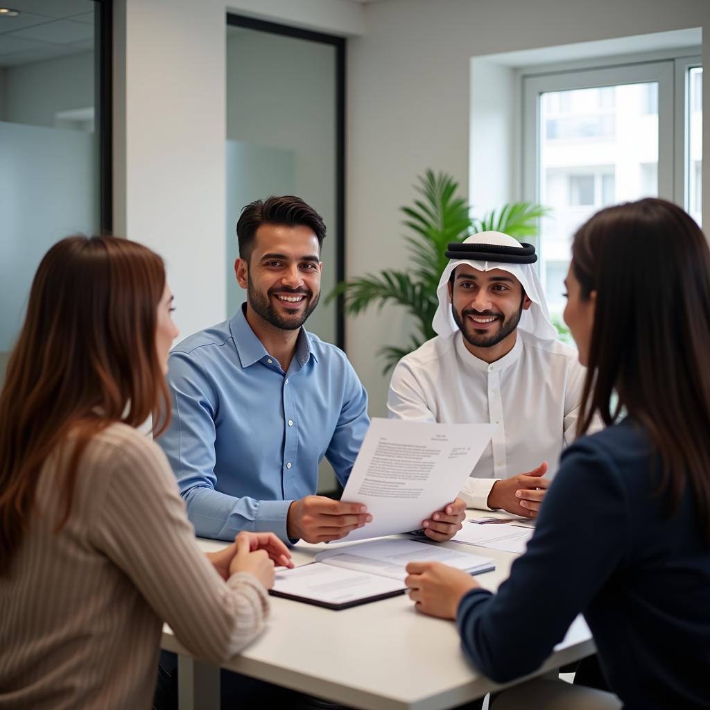 Professional banker explaining loan options to diverse customers