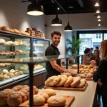 Successful local bakery showing fresh bread and customers