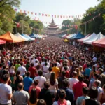 People celebrating at a vibrant local cultural festival with traditional decorations