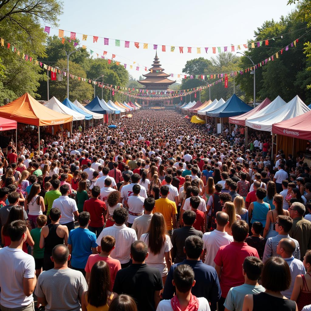 People celebrating at a vibrant local cultural festival with traditional decorations