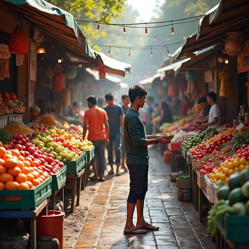 Traditional local food market with fresh produce displays and vendors