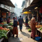 Busy morning scene at traditional local market