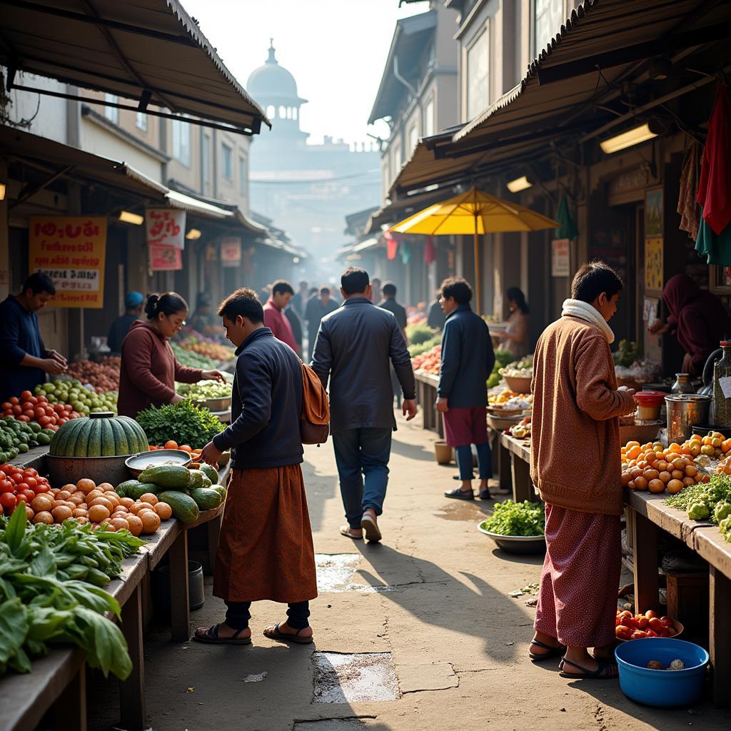 Busy morning scene at traditional local market