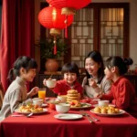 Vietnamese family celebrating Lunar New Year with traditional decorations and food
