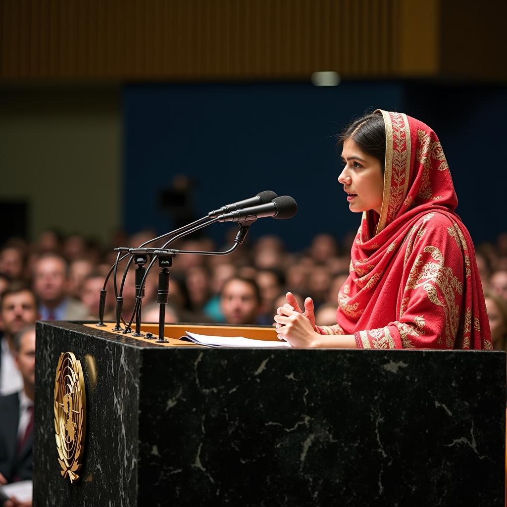 Nobel Peace Prize winner Malala Yousafzai delivering speech at UN assembly