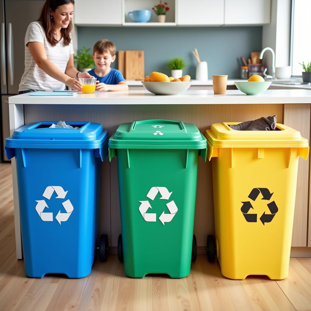 Household waste sorting and recycling practices showing different colored bins