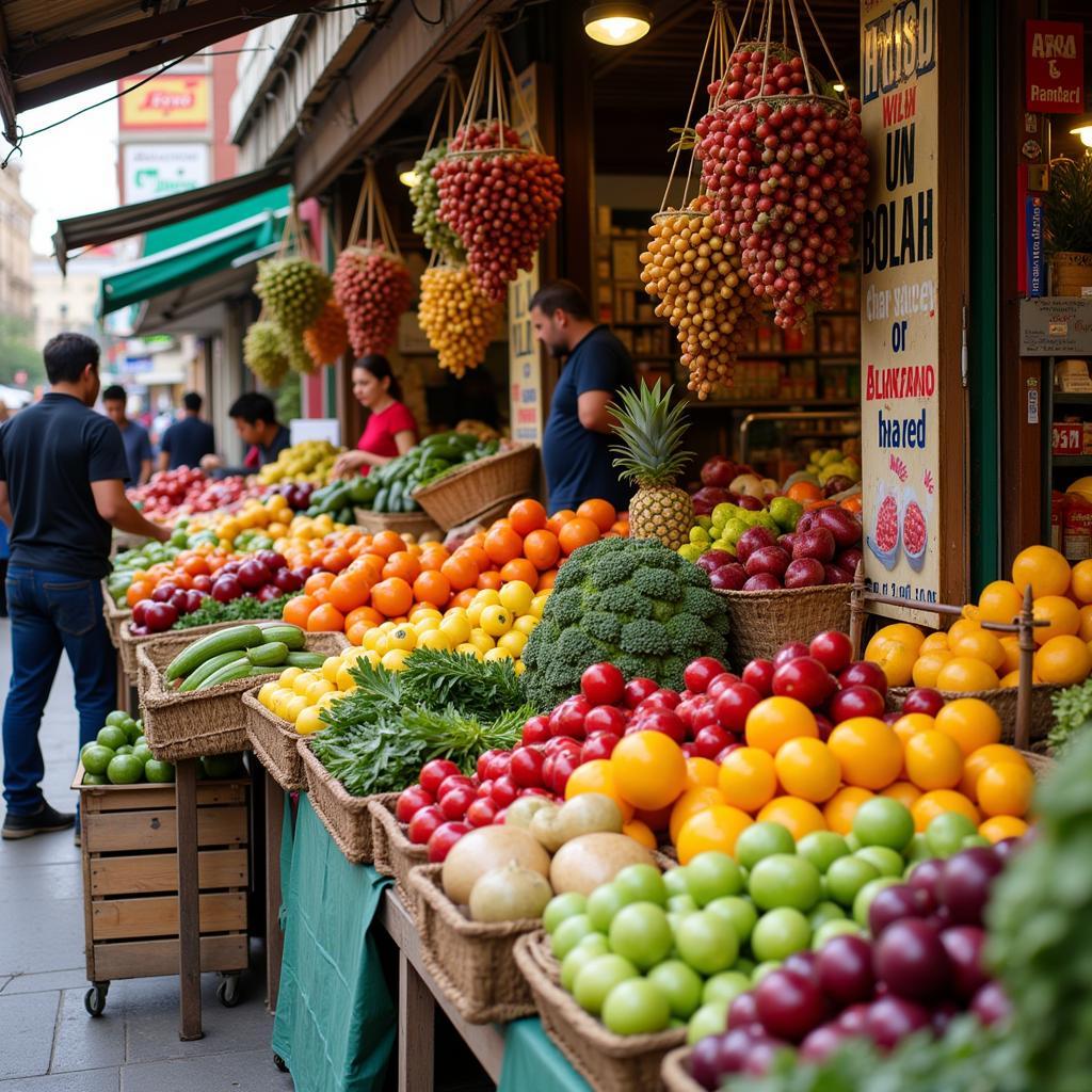 Local market vendors displaying fresh fruits and vegetables