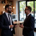 Person having engaging conversation with stranger at cafe