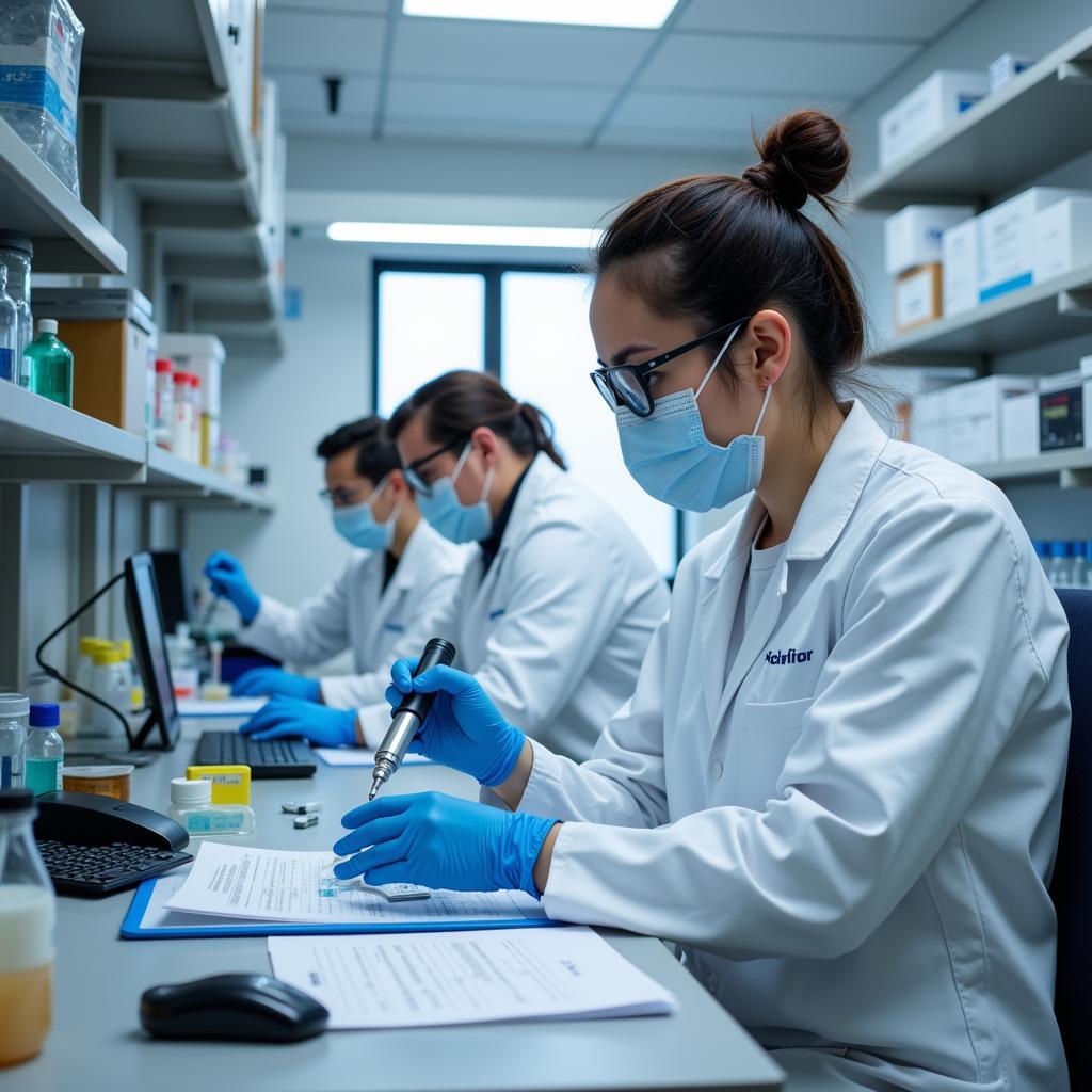 Scientists conducting research in modern medical laboratory