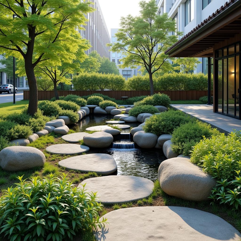 Urban meditation garden featuring zen elements and natural design
