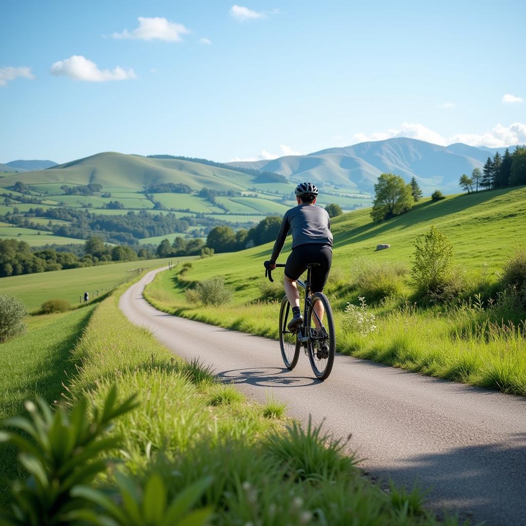 Person enjoying scenic bicycle ride through countryside landscape