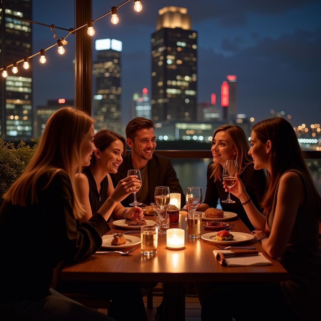 Friends enjoying dinner at a rooftop restaurant
