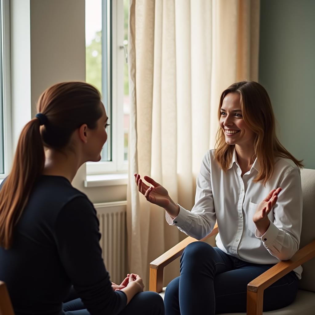Professional mental health counseling session showing therapist and patient