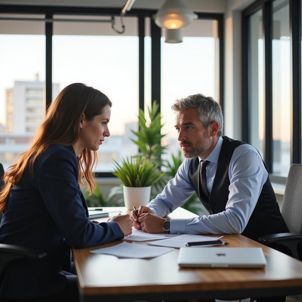 Professional mentor guiding young employee in modern office setting