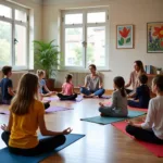 Students practicing mindfulness meditation in modern classroom setting