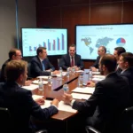 Diverse groups discussing minimum wage policies at international conference