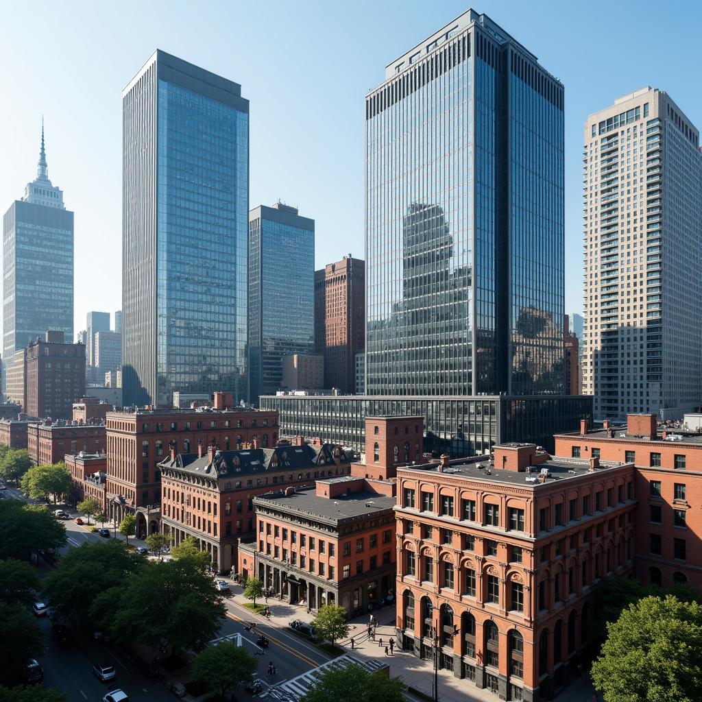 Modern city skyline with historical buildings preserved alongside modern developments