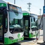 Modern electric buses operating in urban environment showing clean public transport