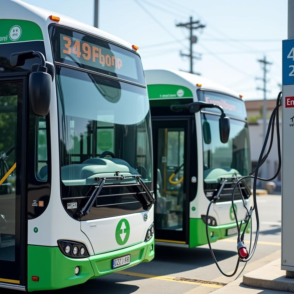 Modern electric buses operating in urban environment showing clean public transport