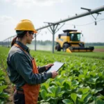 Modern farmer analyzing crop data on tablet while automated systems work