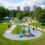 Modern park facilities including fitness equipment and walking tracks