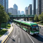 Modern public transportation system showing electric buses and metro in urban setting