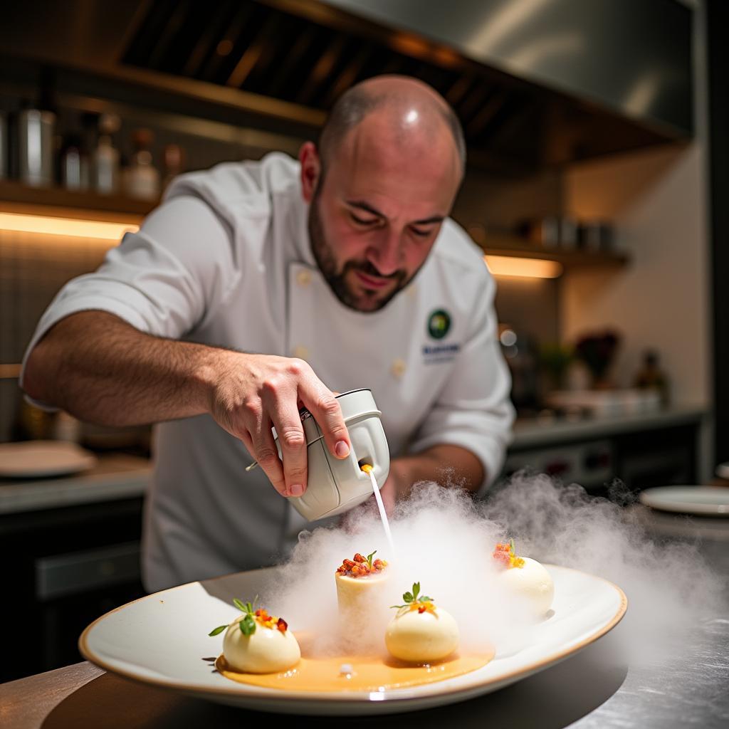 Chef preparing molecular gastronomy dish with modern techniques