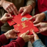 Money gifts in red envelopes during Asian celebrations